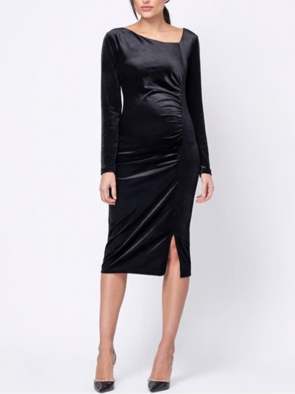 Seraphine Maternity Velvet Long-Sleeve Ruched Midi Dress